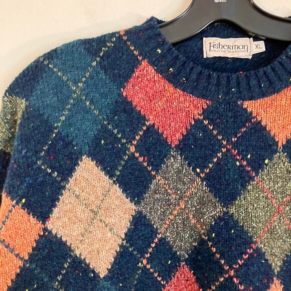 Fisherman Out of Ireland Argyle Blue Wool Crewneck Sweater - Picture 2 of 7
